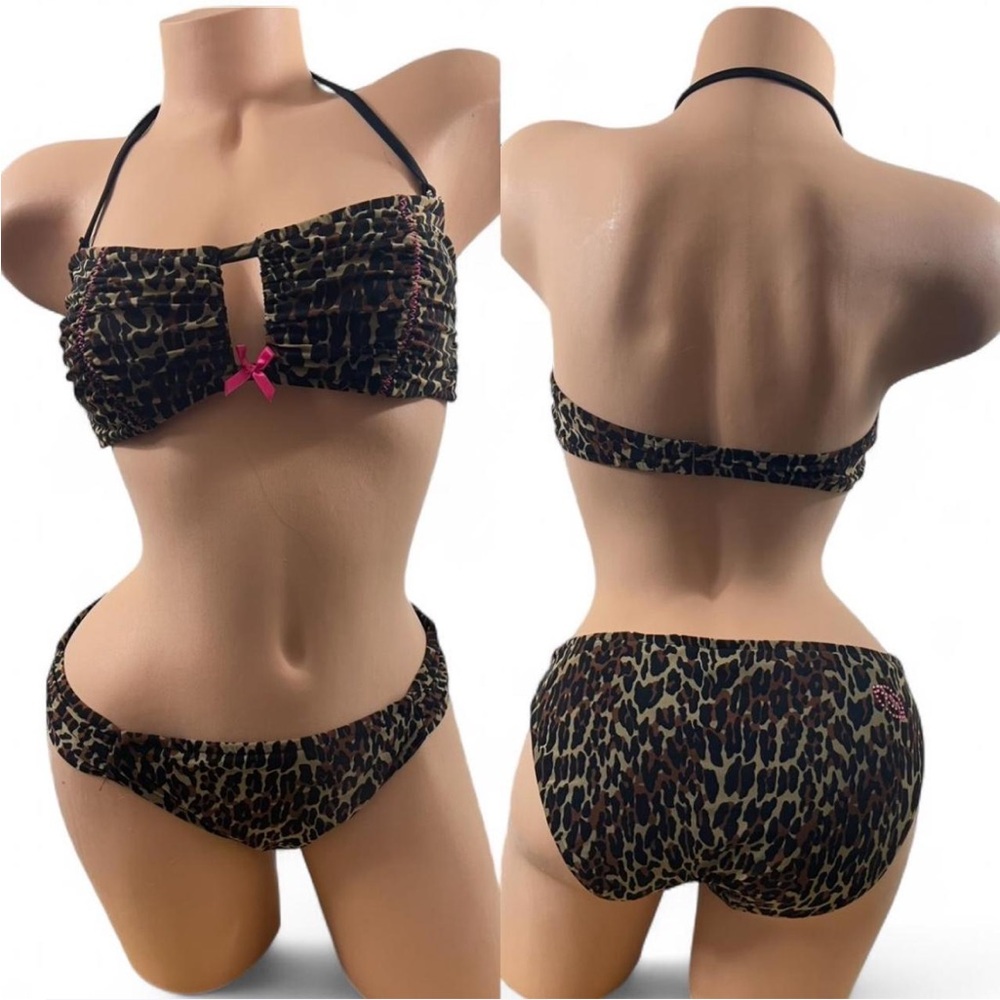 Betsey Johnson Leopard With Pink Accent Bikini Signature Sequin Lips Retro Vtg